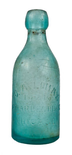 original and intact single antique american privy dug c. 1860's civil war-era aqua green glass blob top soda bottle manufactured for chicago bottler j.a. lomax.