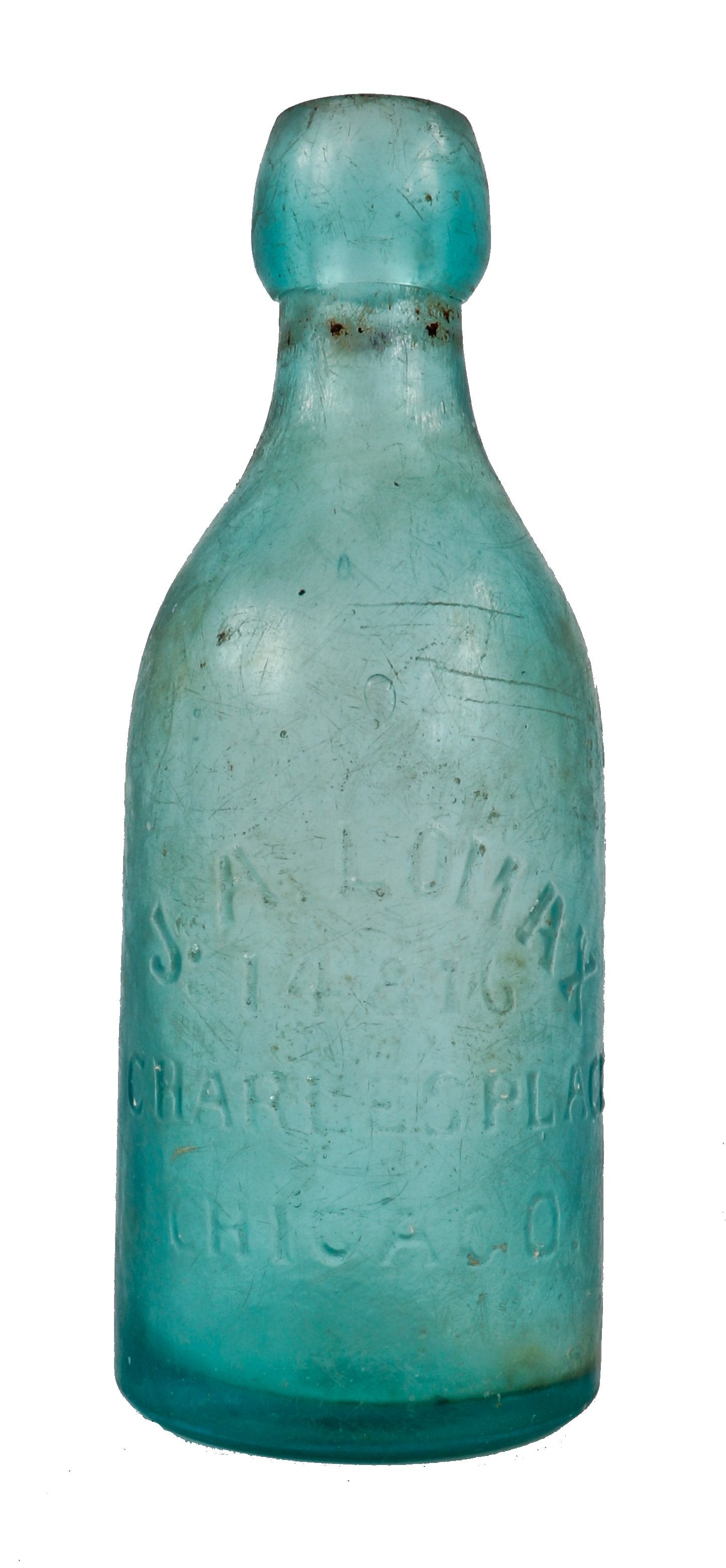 original and intact single antique american privy dug c. 1860's civil war-era aqua green glass blob top soda bottle manufactured for chicago bottler j.a. lomax.