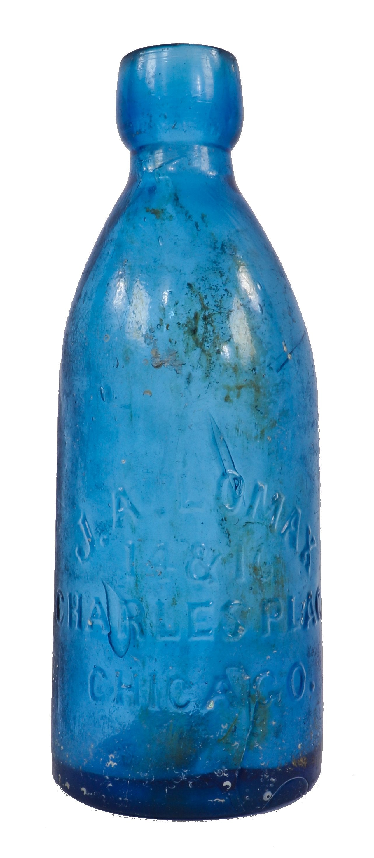original and intact privy dug c. 1860's privy-dug cobalt blobtop soda bottle manufactured for chicago bottler j.a. lomax.