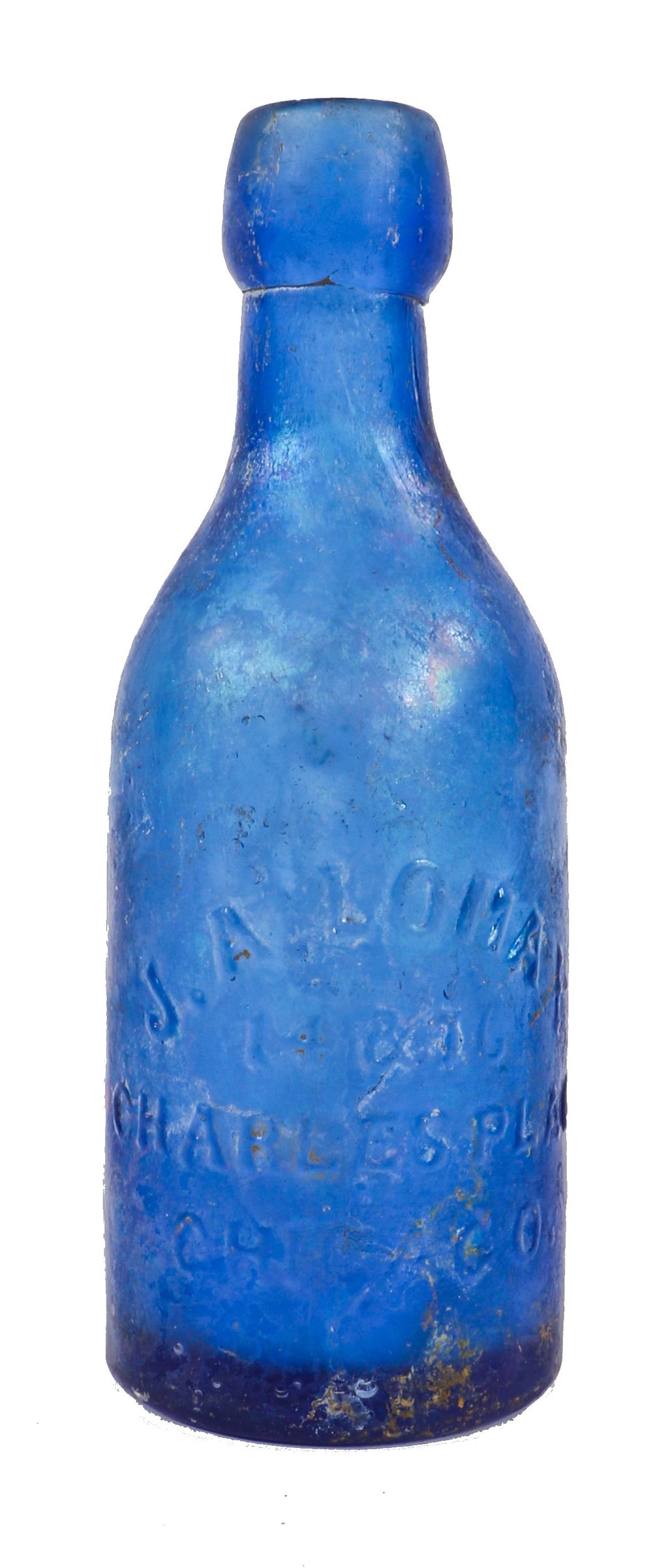 original antique american antique privy dug c. 1860's privy-dug cobalt blobtop soda bottle manufactured for chicago bottler j.a. lomax.