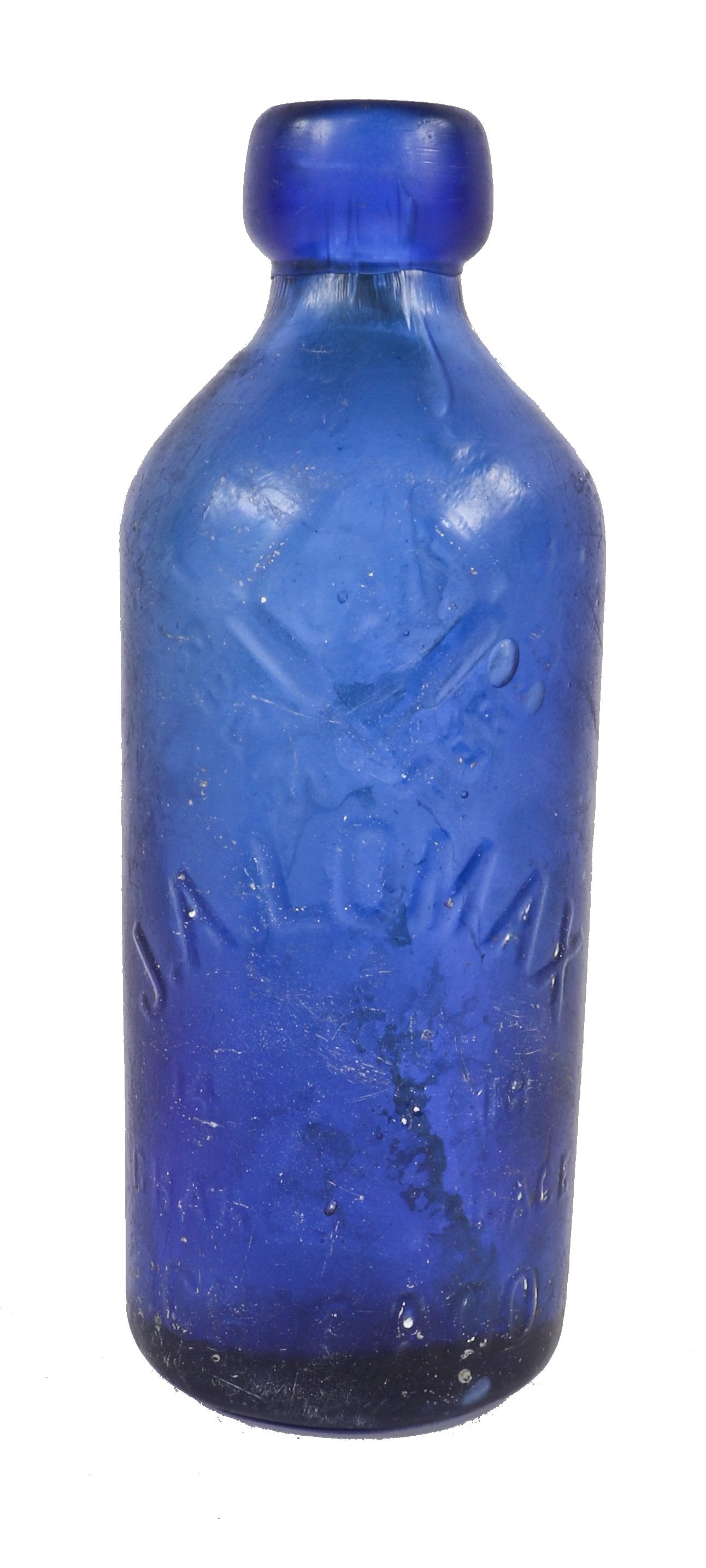 intact vibrantly colored c. 1860s-80s dark cobalt blue hutchinson style blob top bottle manufactured for j.a. lomax in chicago.