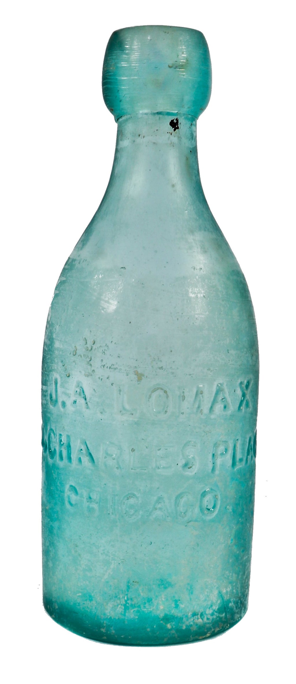 mid-nineteenth century (c. late 1850's-60's) privy dug aqua blobtop soda bottle manufactured for chicago bottler j.a. lomax.