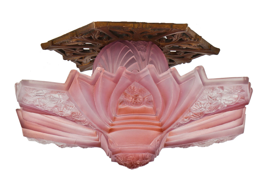 highly sought after all original and largely intact c. 1930's american art deco "modernizer" interior building ceiling-mount two-part glass light fixture with original canopy