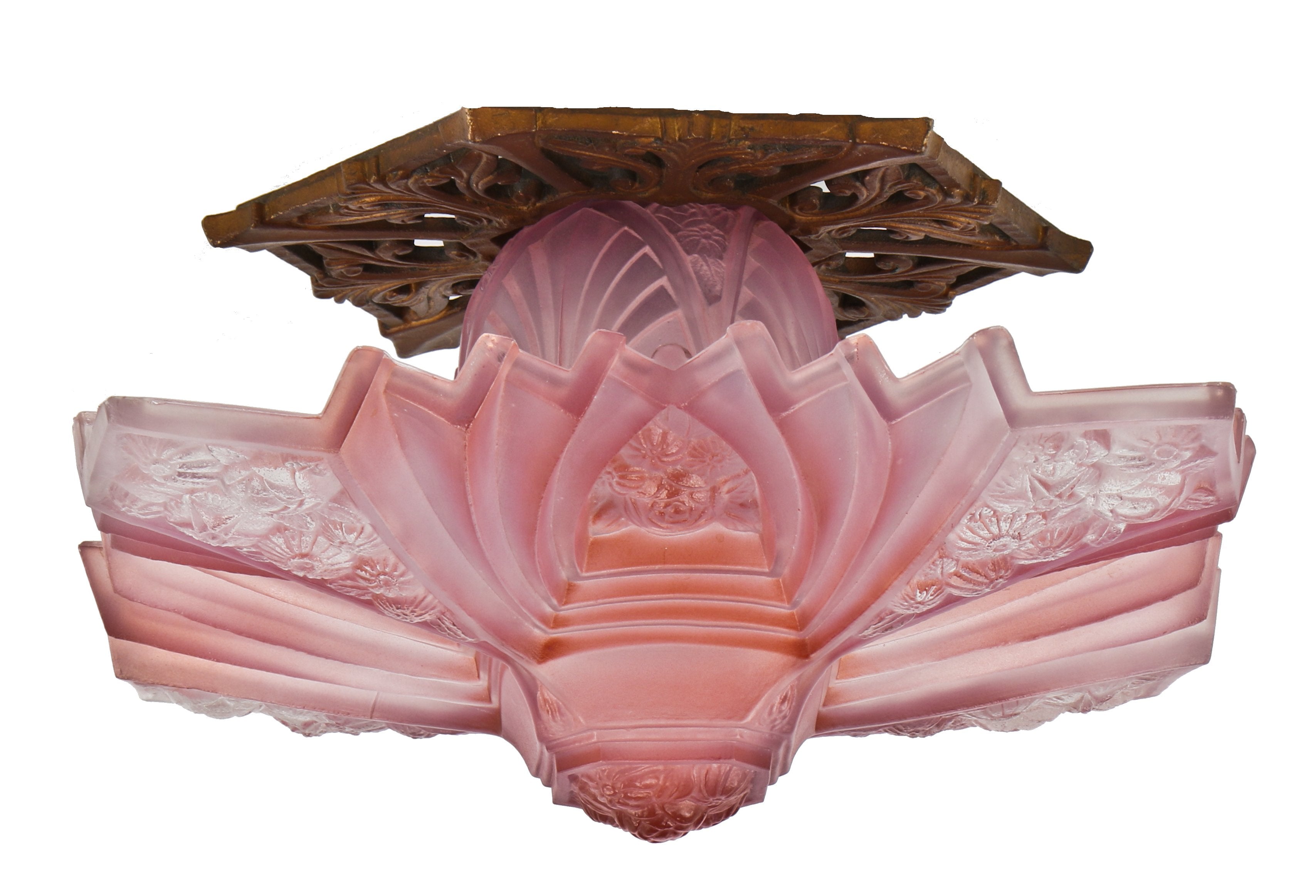 highly sought after all original and largely intact c. 1930's american art deco "modernizer" interior building ceiling-mount two-part glass light fixture with original canopy