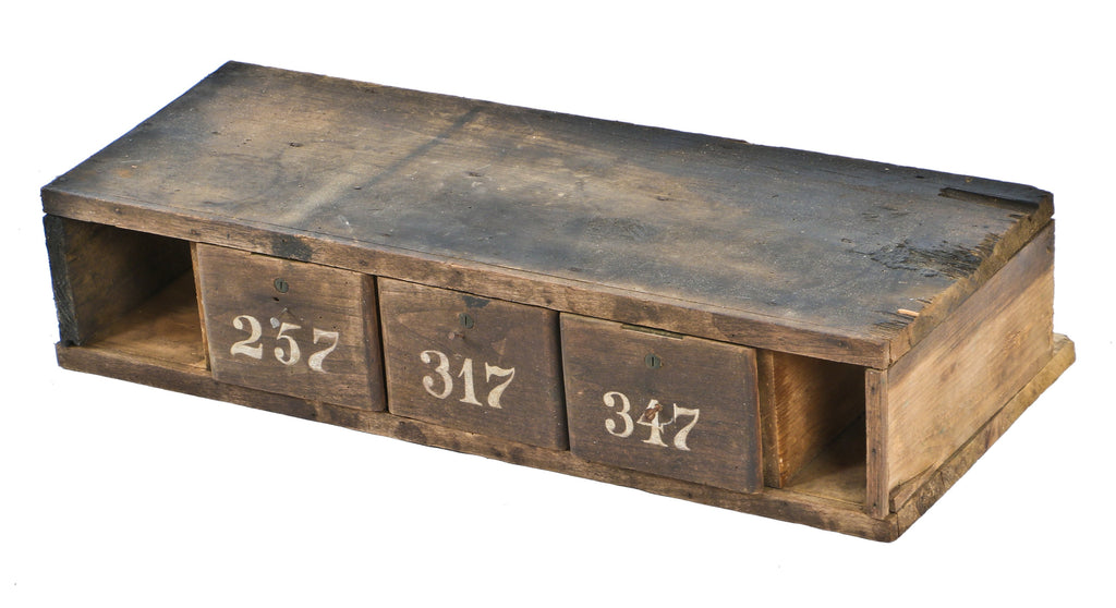 all original and largely intact late 19th c. antique american industrial hand-painted wood pipefitter cabinet with three lockable drawers