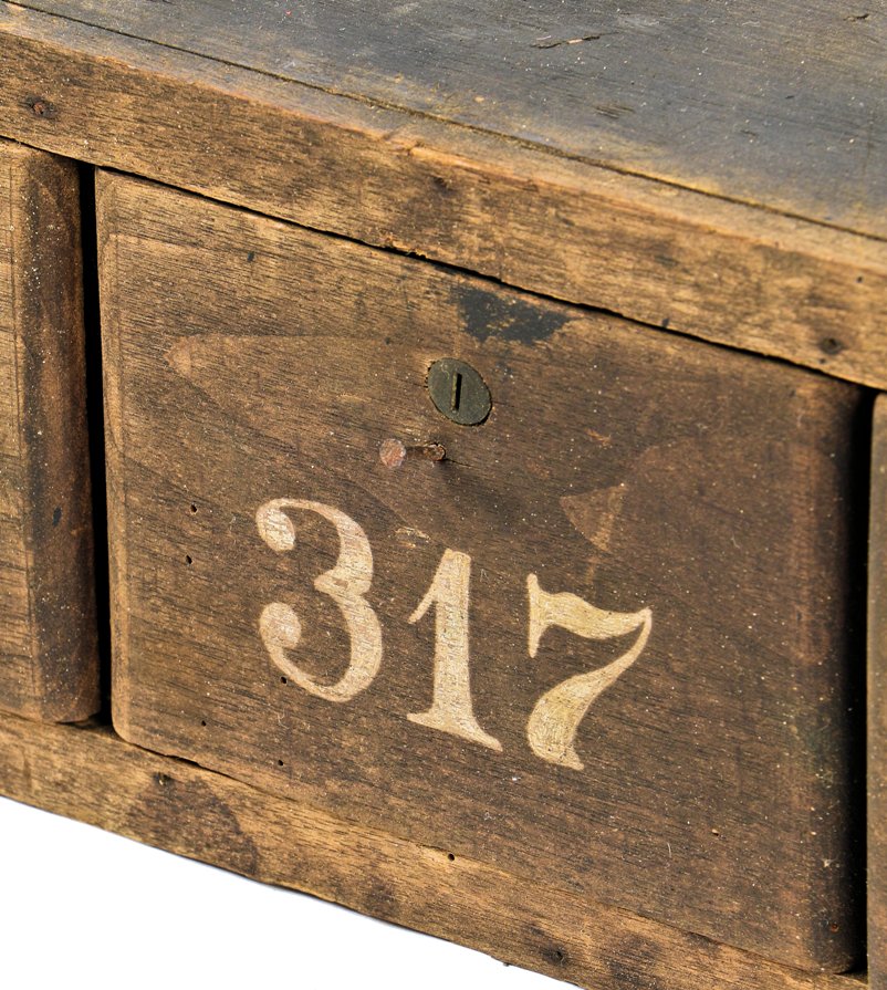 all original and largely intact late 19th c. antique american industrial hand-painted wood pipefitter cabinet with three lockable drawers