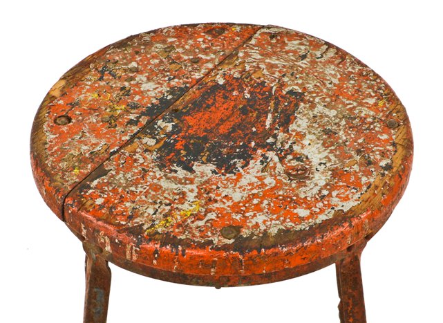 original and nicely worn c. 1923 antique american industrial four-legged welded joint chicago machine and tool works factory machinist stool with old orange paint finish