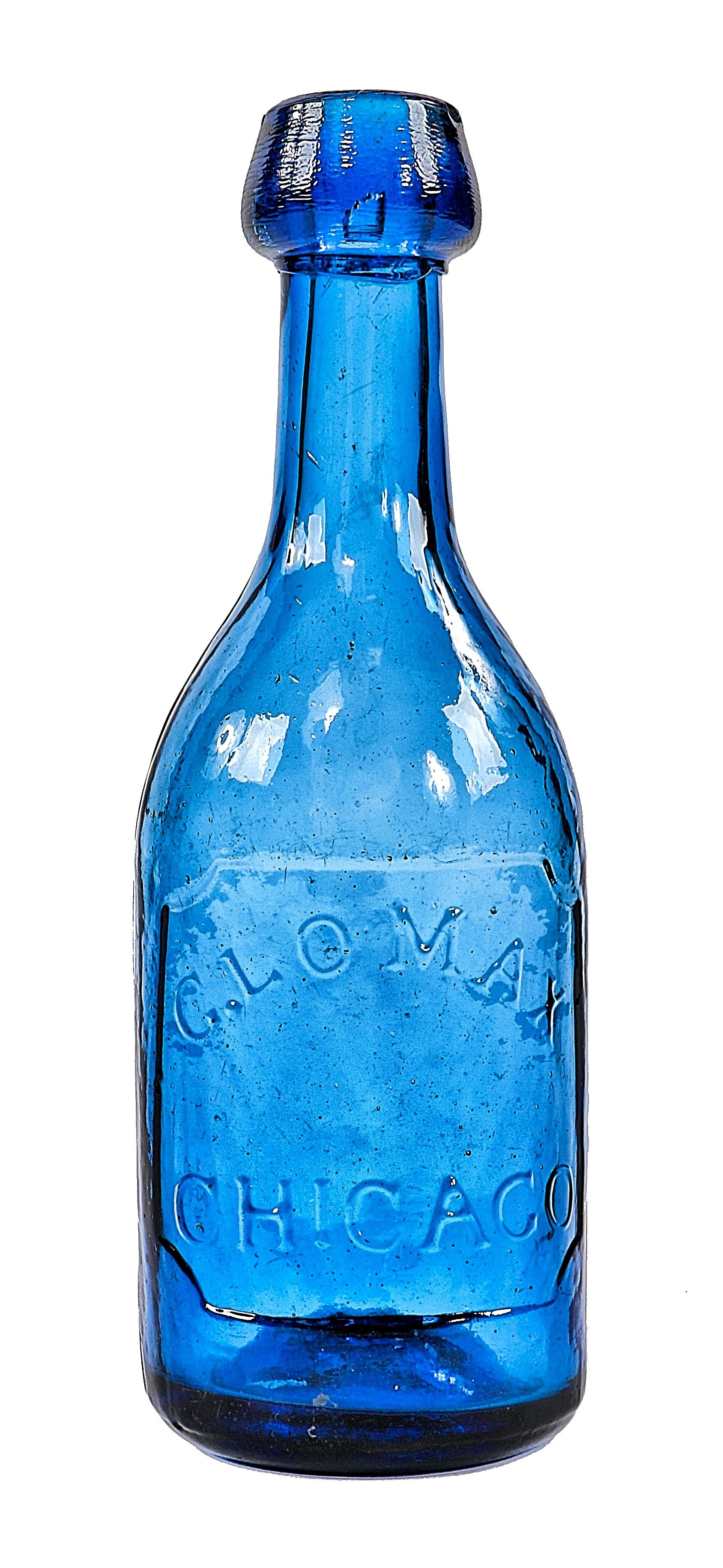 exceptionally rare and intact antique american c. 1840's or early 1850's vibrant cobalt blue colored glass open-pontiled chicago soda bottle with applied top or lip