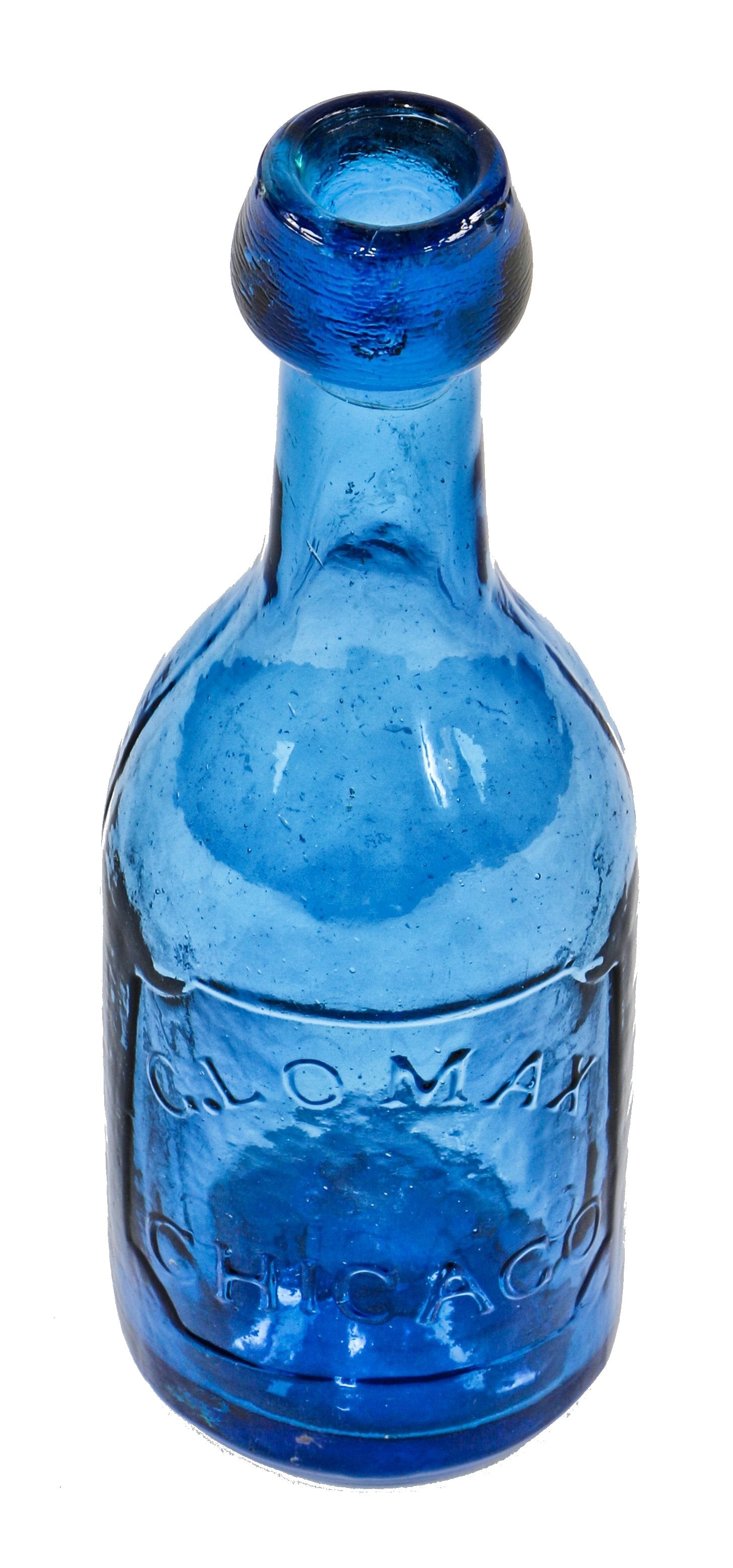 exceptionally rare and intact antique american c. 1840's or early 1850's vibrant cobalt blue colored glass open-pontiled chicago soda bottle with applied top or lip