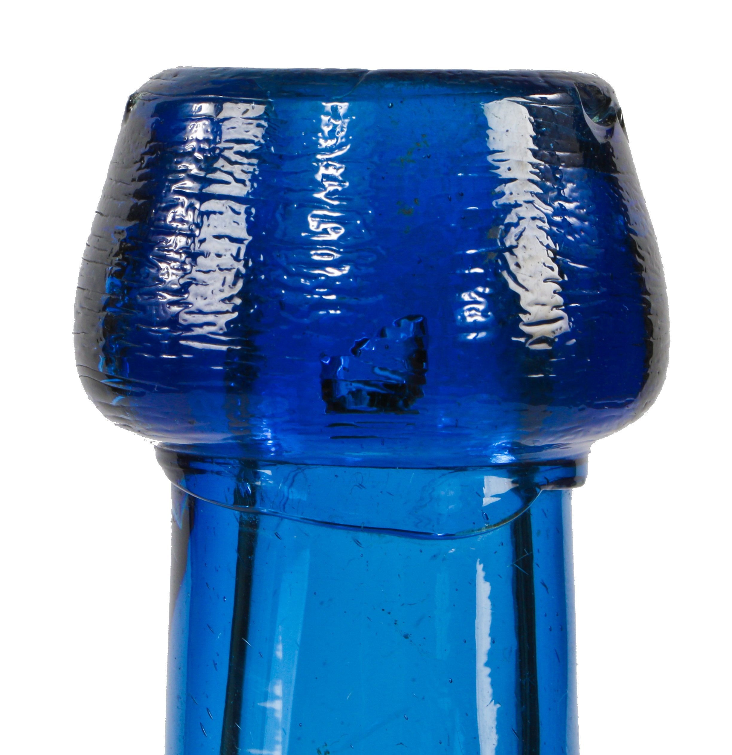exceptionally rare and intact antique american c. 1840's or early 1850's vibrant cobalt blue colored glass open-pontiled chicago soda bottle with applied top or lip