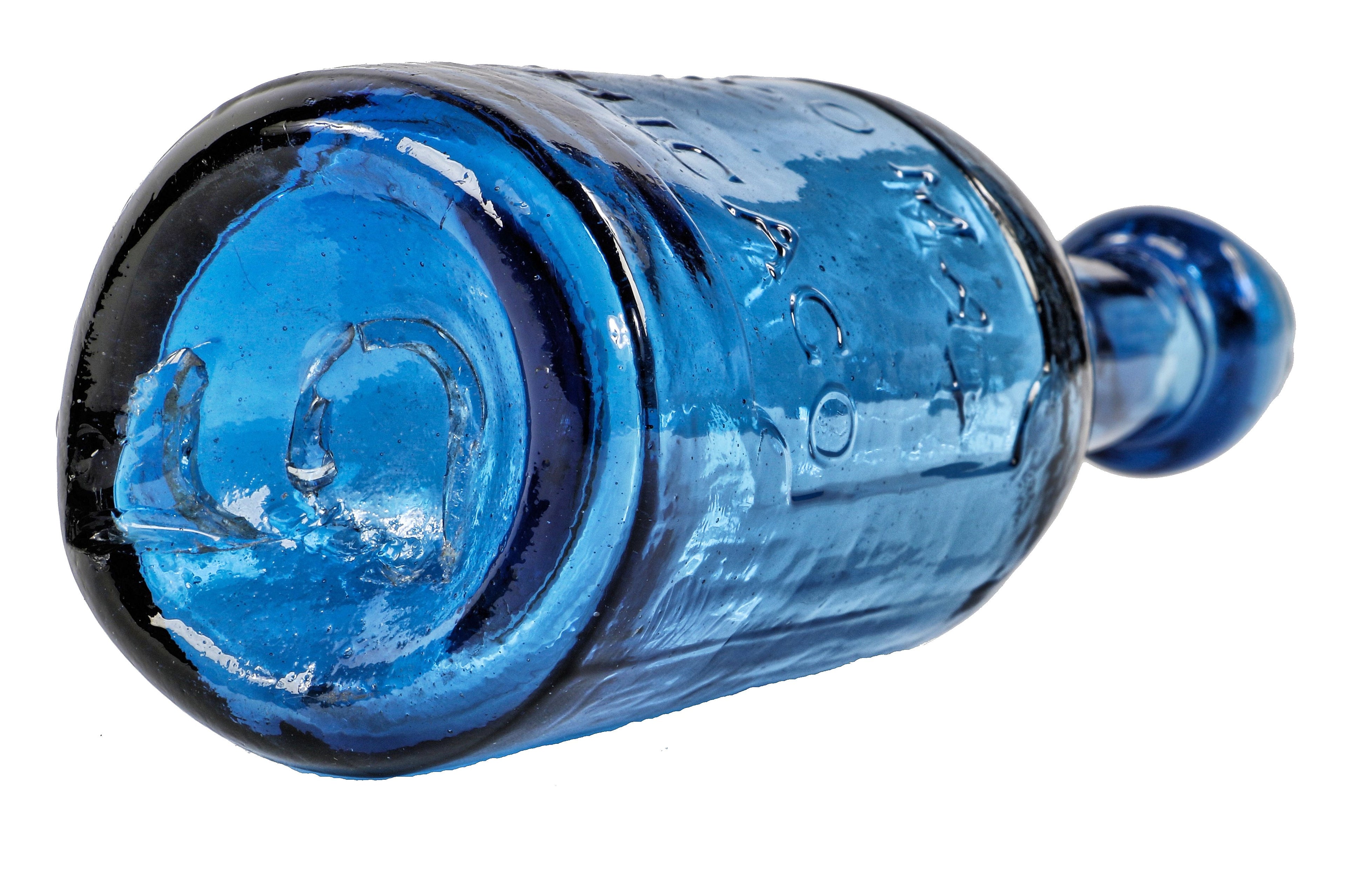 exceptionally rare and intact antique american c. 1840's or early 1850's vibrant cobalt blue colored glass open-pontiled chicago soda bottle with applied top or lip