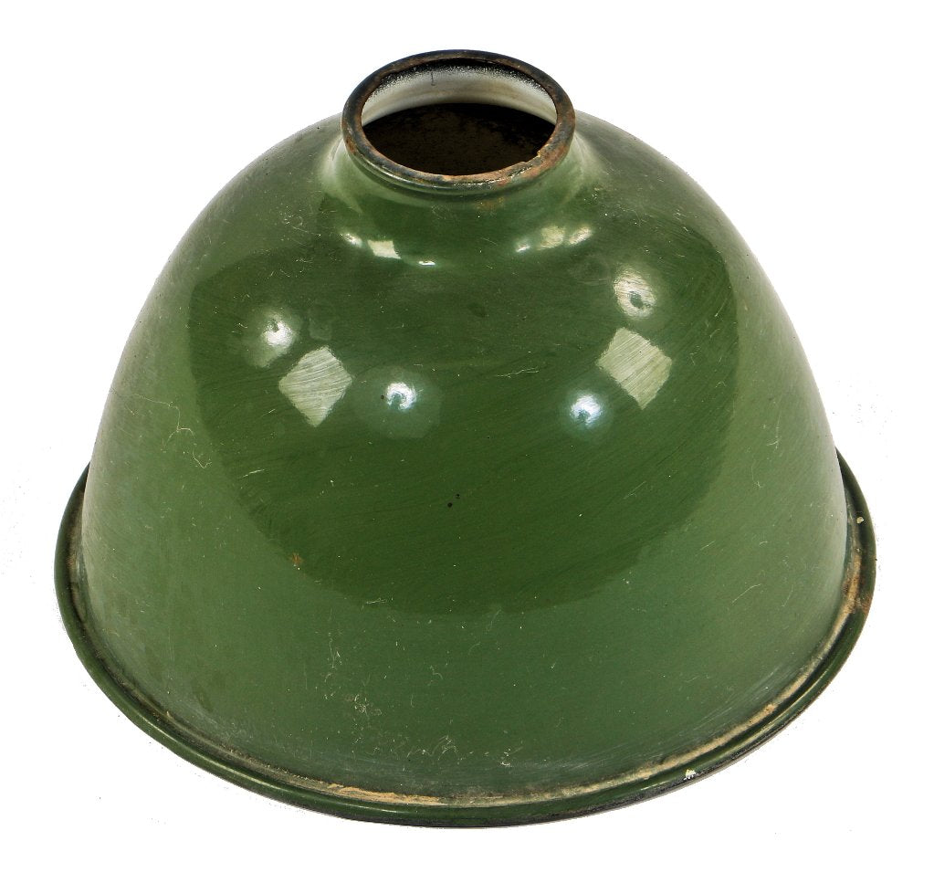 single original c. 1930's american depression era deep bowl factory machine shop cold-rolled steel light fixture replacement reflector with green porcelain enameled finish