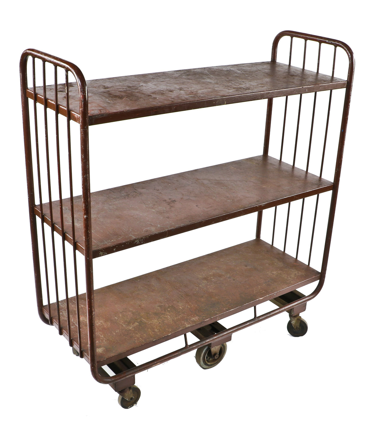 original and fully functional c. 1930's american antique industrial depression era drake hotel oversized tubular steel frame mobile utility cart with three shelves