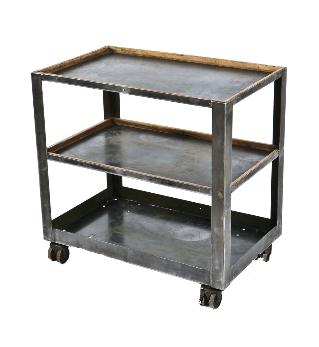 heavy duty custom built early 20th century antique american industrial vitrolite factory three-tier mobile welded joint steel cart with riveted hardwood insets