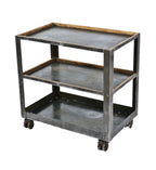heavy duty custom built early 20th century antique american industrial vitrolite factory three-tier mobile welded joint steel cart with riveted hardwood insets