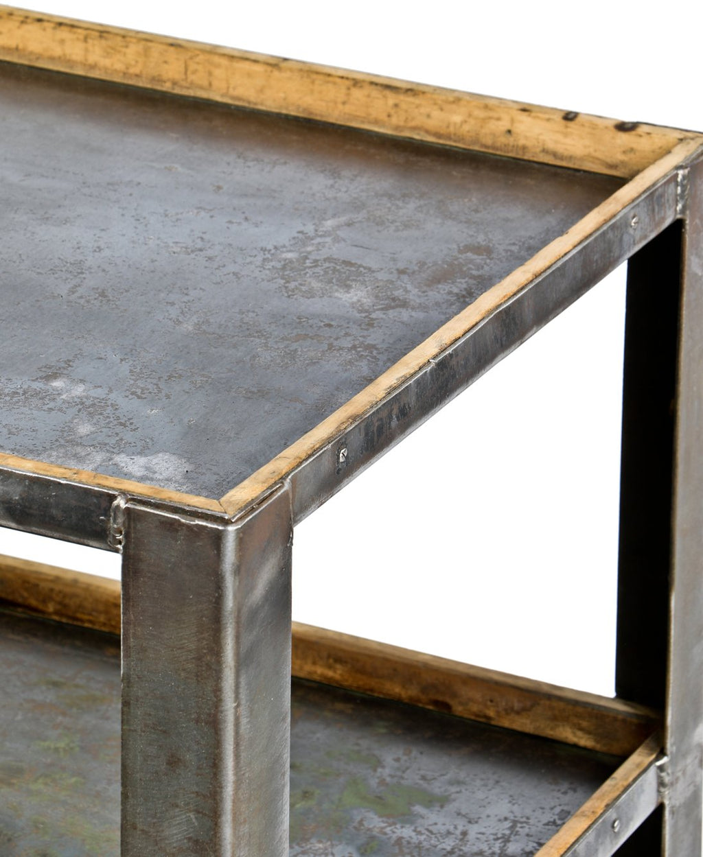 heavy duty custom built early 20th century antique american industrial vitrolite factory three-tier mobile welded joint steel cart with riveted hardwood insets