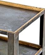 heavy duty custom built early 20th century antique american industrial vitrolite factory three-tier mobile welded joint steel cart with riveted hardwood insets