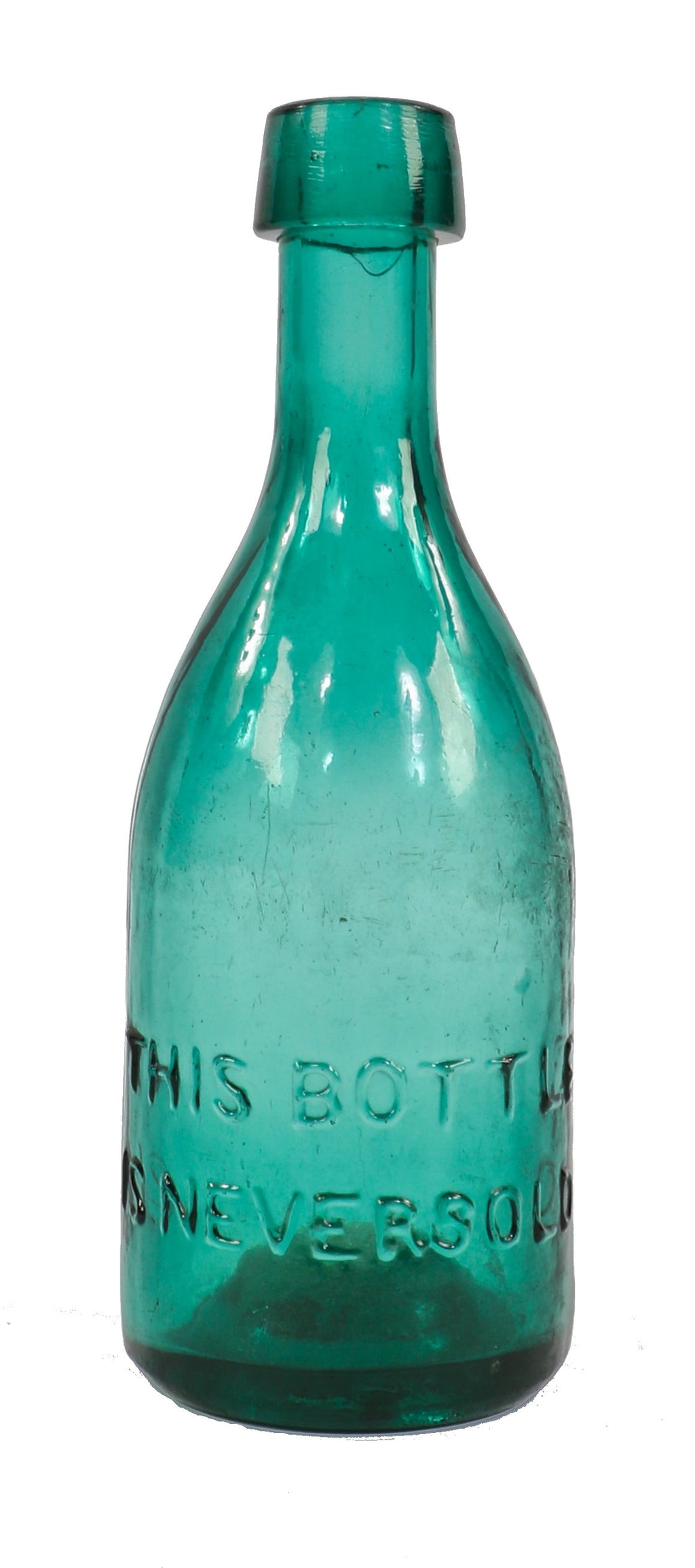 completely intact c. 1847-1851 unidentified vibrant teal colored glass iron-pontiled soda bottle likely manufactured by dyottville glassworks in kensington, pa.