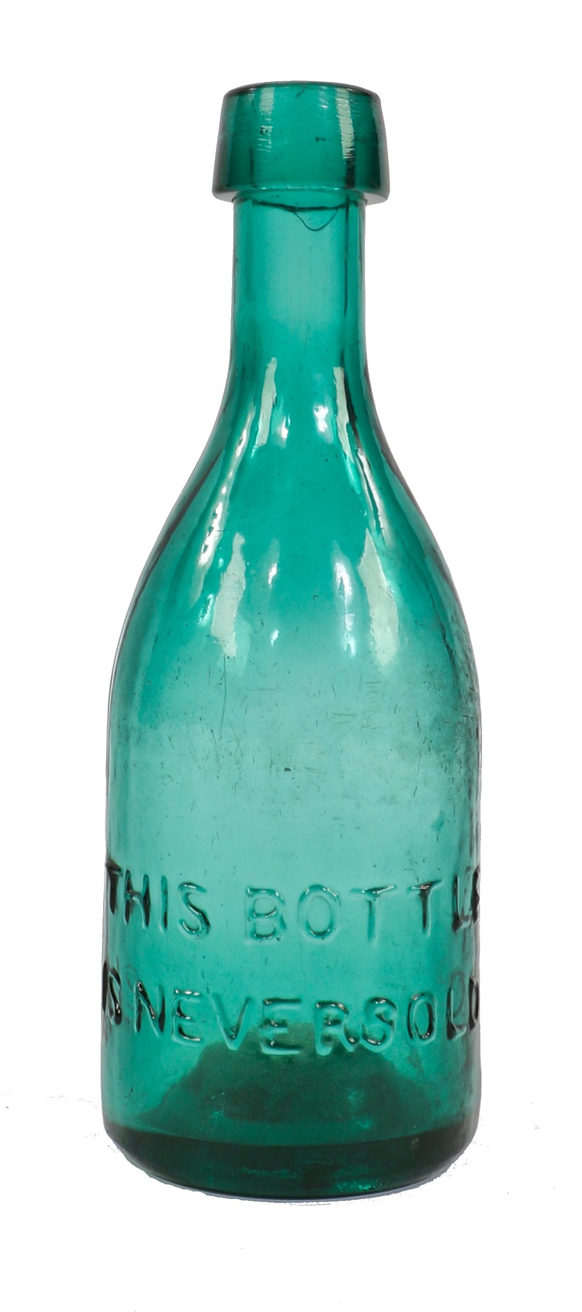 completely intact c. 1847-1851 unidentified vibrant teal colored glass iron-pontiled soda bottle likely manufactured by dyottville glassworks in kensington, pa.