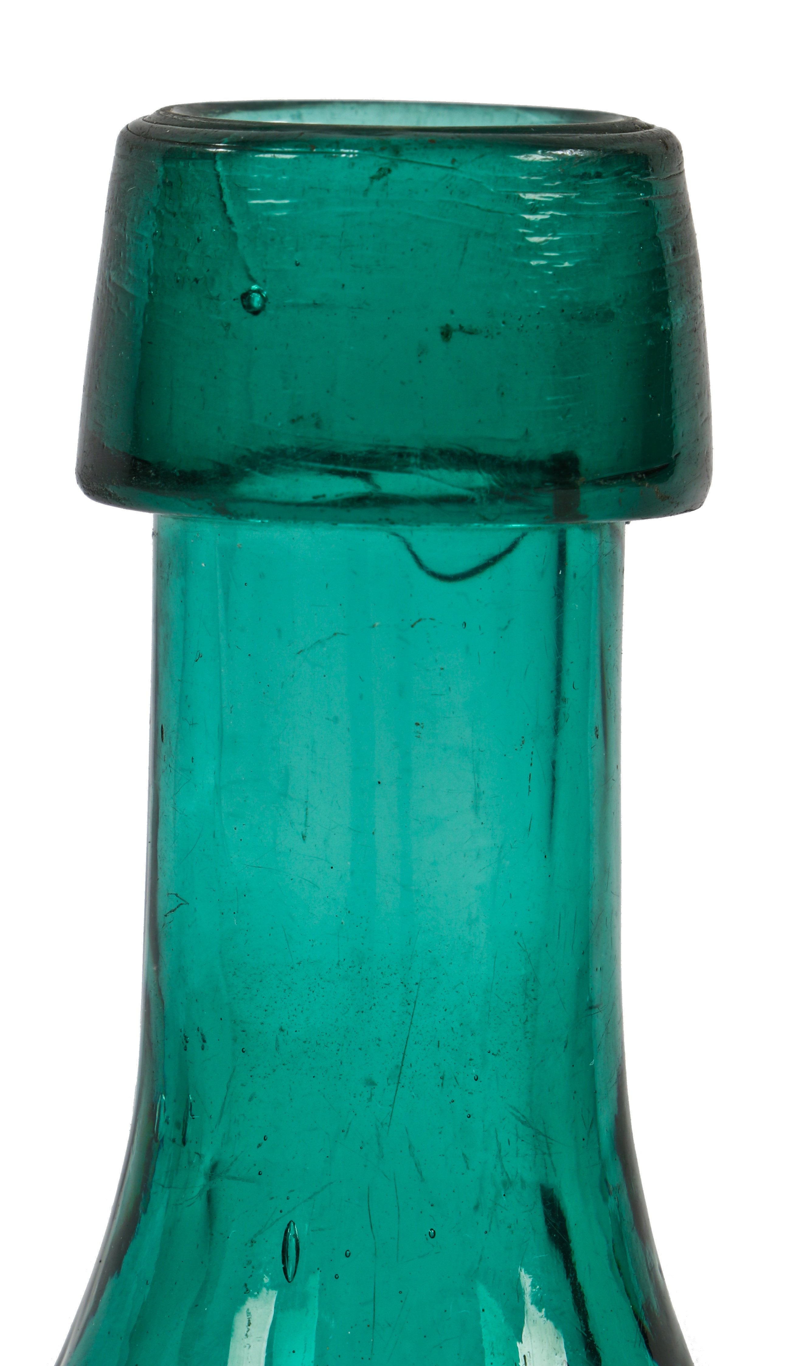 completely intact c. 1847-1851 unidentified vibrant teal colored glass iron-pontiled soda bottle likely manufactured by dyottville glassworks in kensington, pa.
