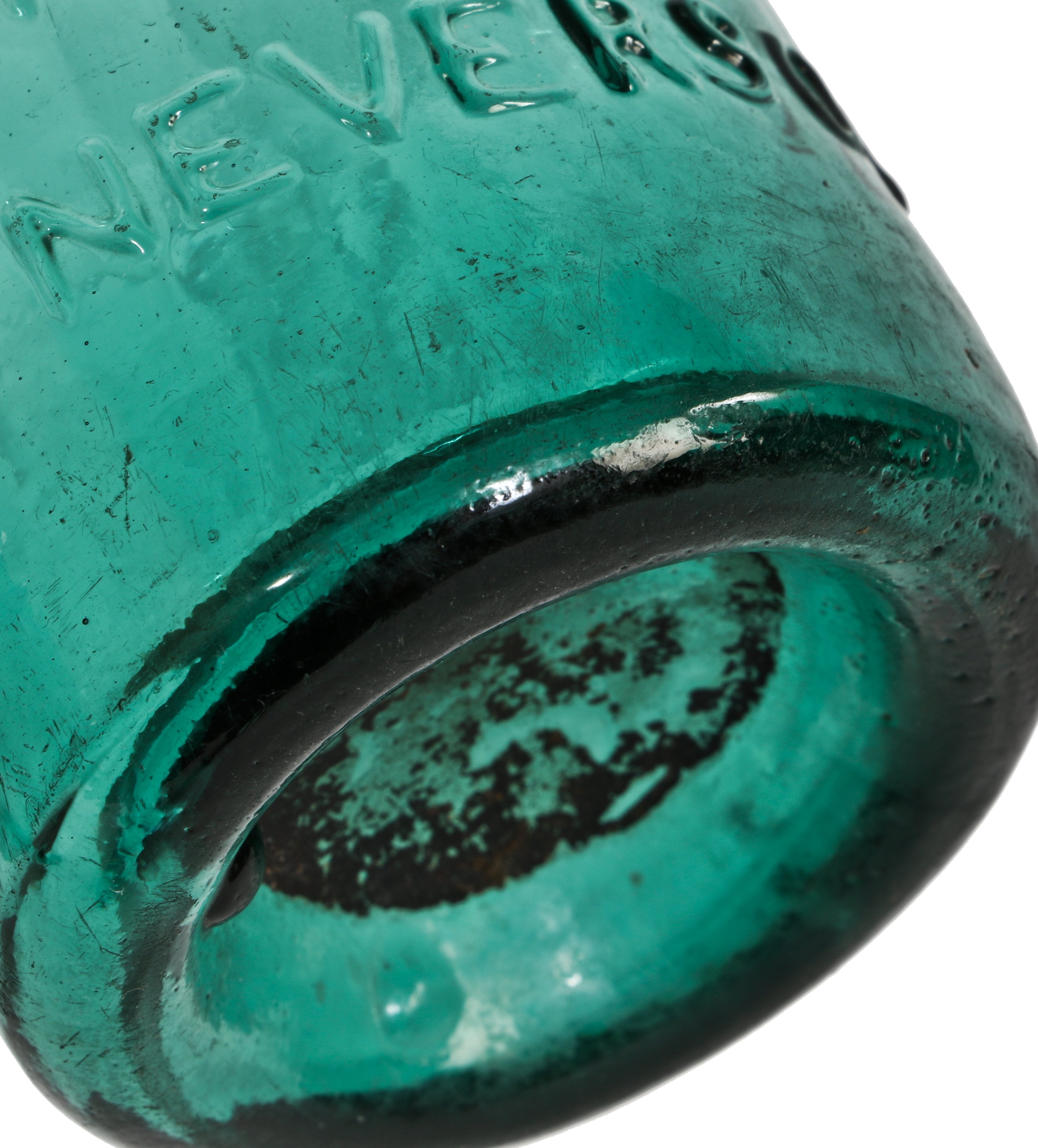 completely intact c. 1847-1851 unidentified vibrant teal colored glass iron-pontiled soda bottle likely manufactured by dyottville glassworks in kensington, pa.