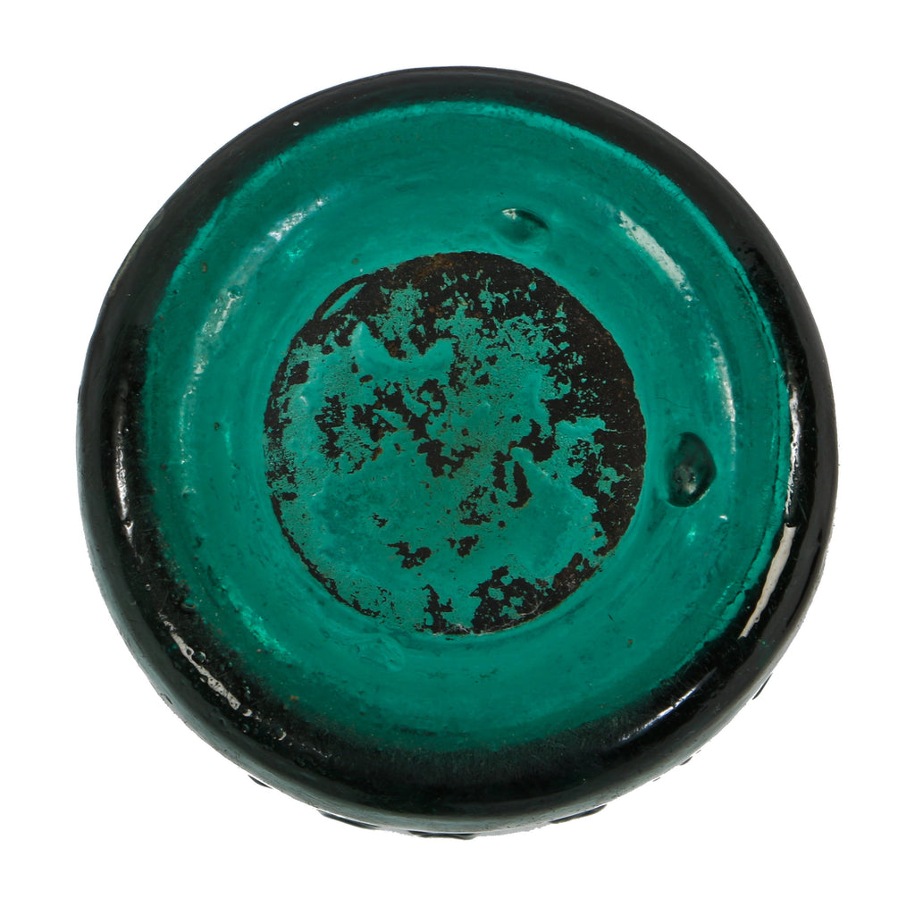 completely intact c. 1847-1851 unidentified vibrant teal colored glass iron-pontiled soda bottle likely manufactured by dyottville glassworks in kensington, pa.