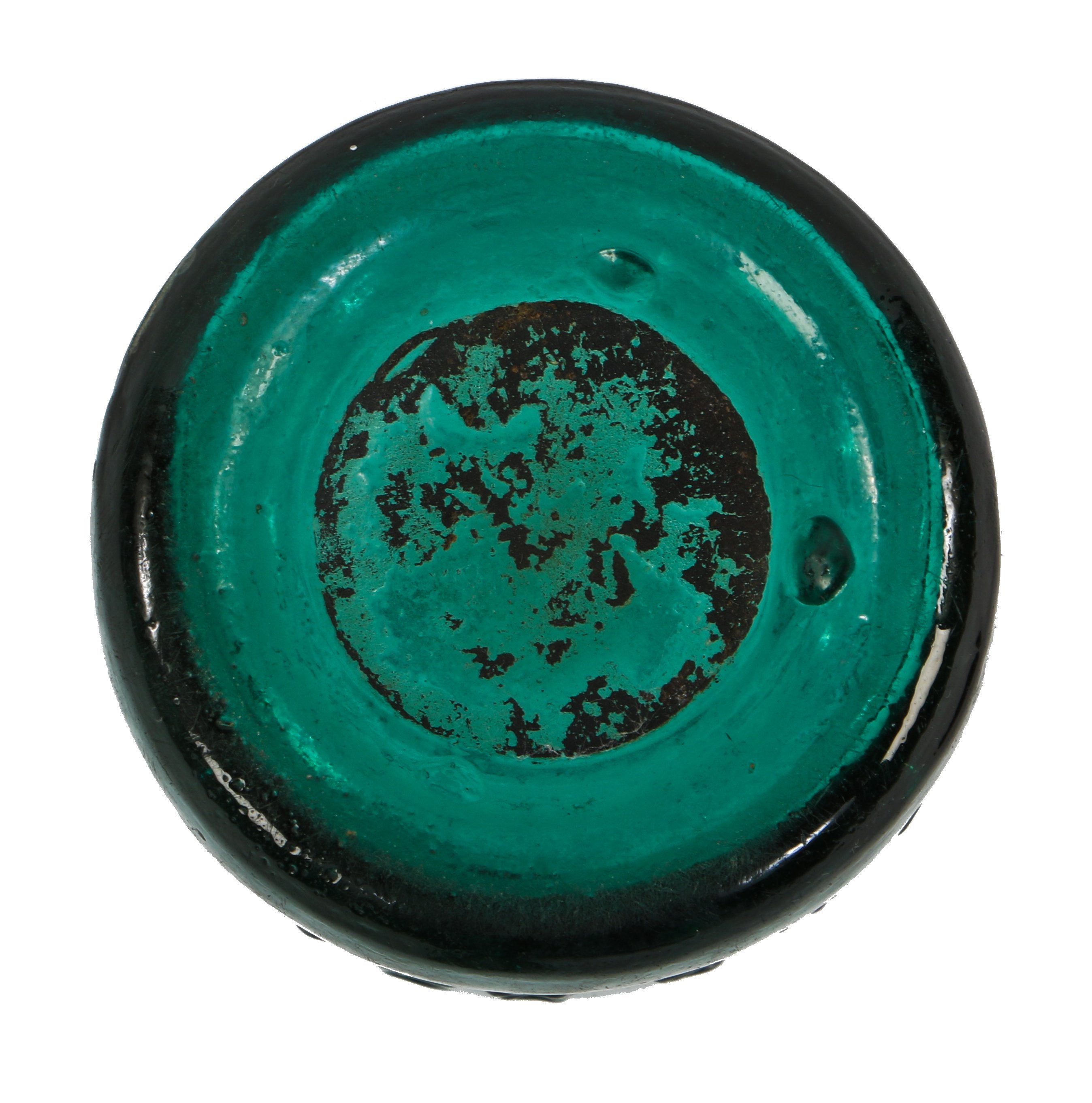 completely intact c. 1847-1851 unidentified vibrant teal colored glass iron-pontiled soda bottle likely manufactured by dyottville glassworks in kensington, pa.