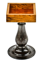 repurposed antique american industrial refinished cast iron diminutive pedestal table base with newly added oak wood compartment or raised edge box