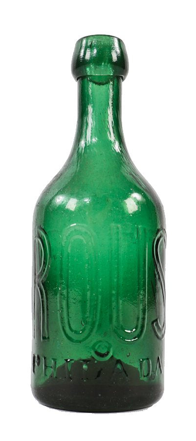 one of several c. 1850's iron-pontiled antique american richly colored emerald green glass soda bottle manufactured for philadelphia bottler eugene roussel.
