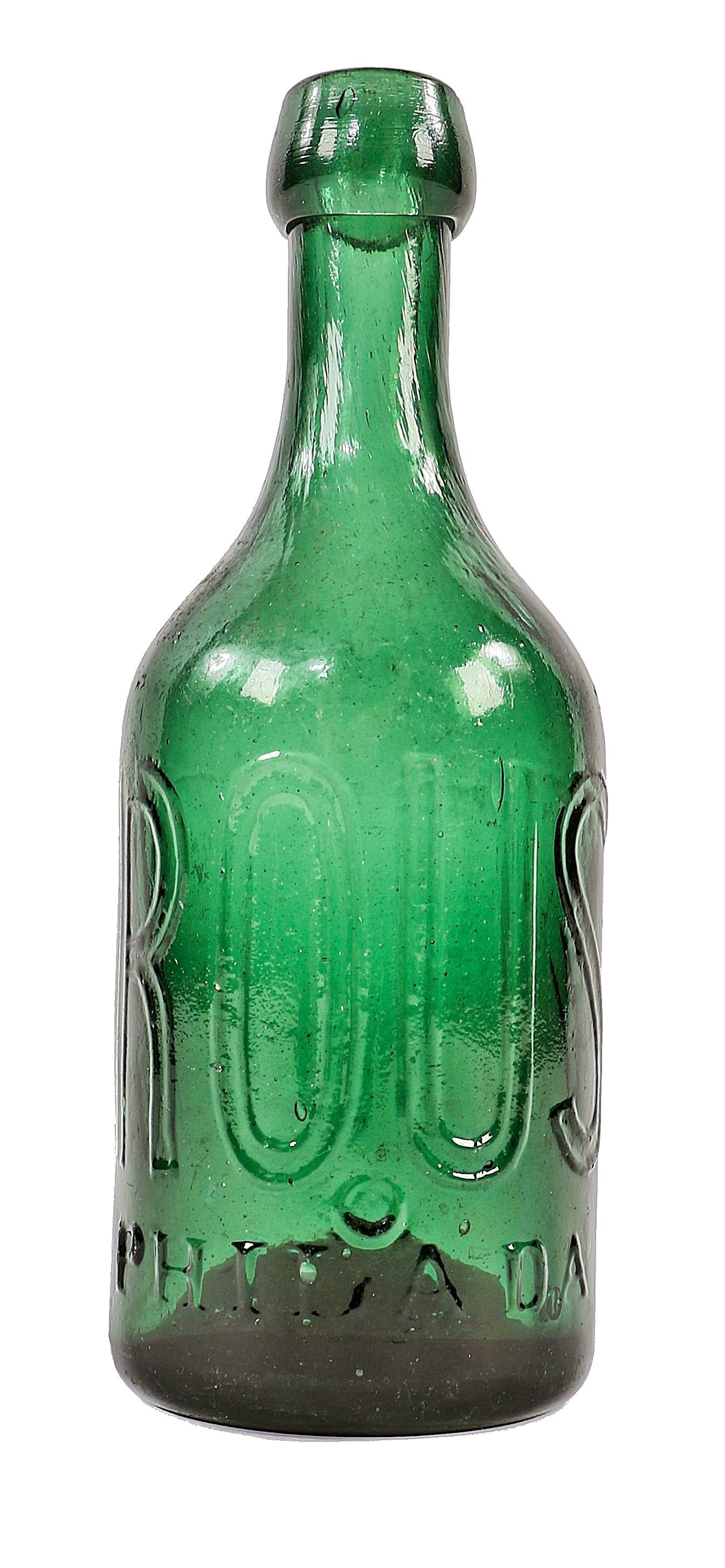 one of several c. 1850's iron-pontiled antique american richly colored emerald green glass soda bottle manufactured for philadelphia bottler eugene roussel.