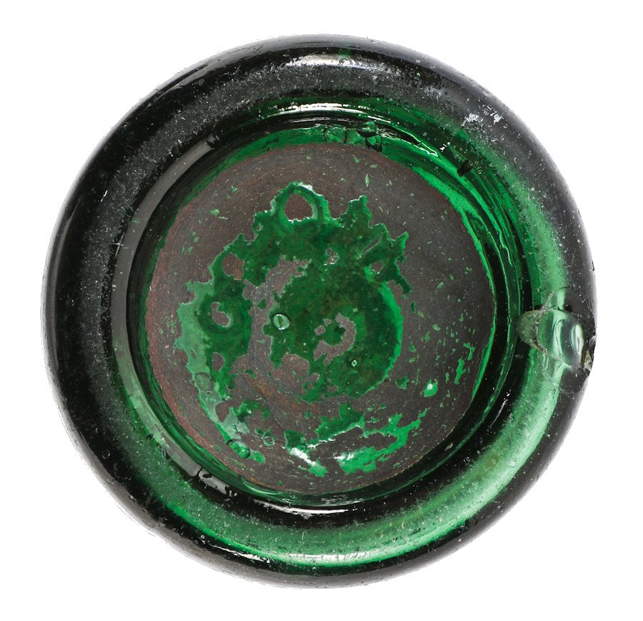 one of several c. 1850's iron-pontiled antique american richly colored emerald green glass soda bottle manufactured for philadelphia bottler eugene roussel.