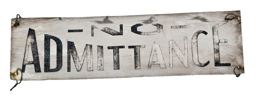 original single-sided c. 1940's weathered and worn art deco style black and white enameled aluminum factory cautionary "no admittance" sign