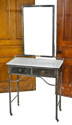 completely refinished c. 1920's antique american hospital examination room medical workstation with intact mirror and two drawer desk with circular knob pulls
