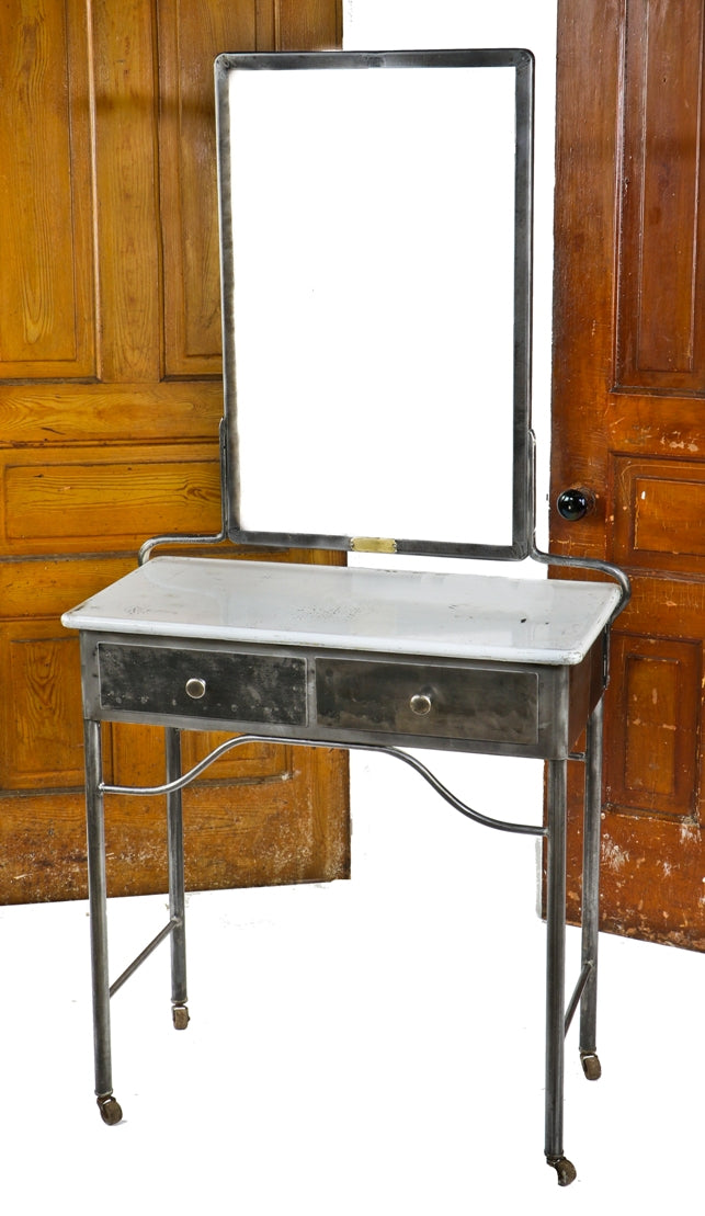 completely refinished c. 1920's antique american hospital examination room medical workstation with intact mirror and two drawer desk with circular knob pulls