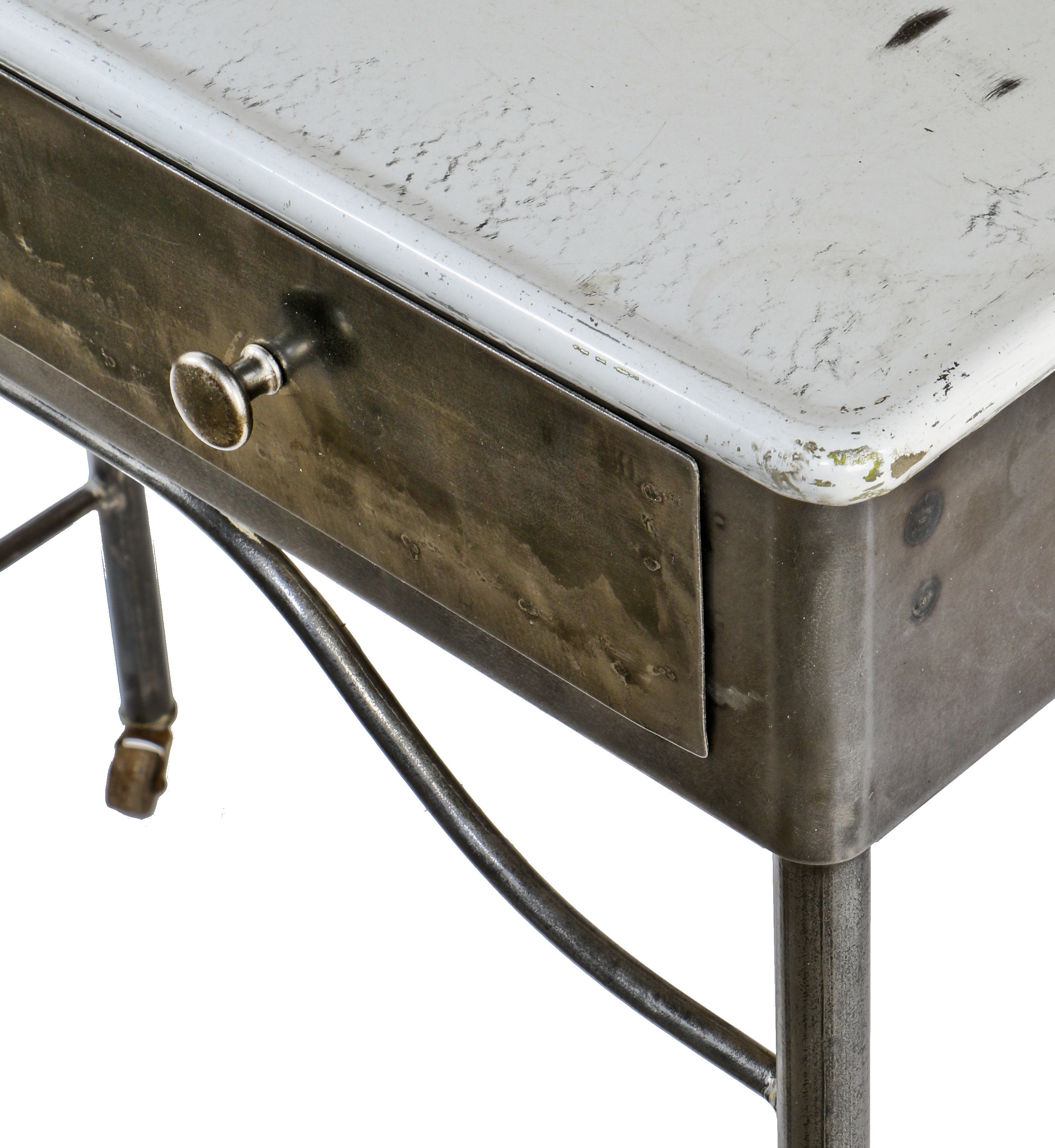 completely refinished c. 1920's antique american hospital examination room medical workstation with intact mirror and two drawer desk with circular knob pulls