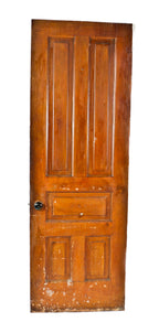 salvaged original c. 1880's interior residential raised panel pine wood varnished passage door with intact "jet black" porcelain doorknobs and ornamental cast iron rosettes