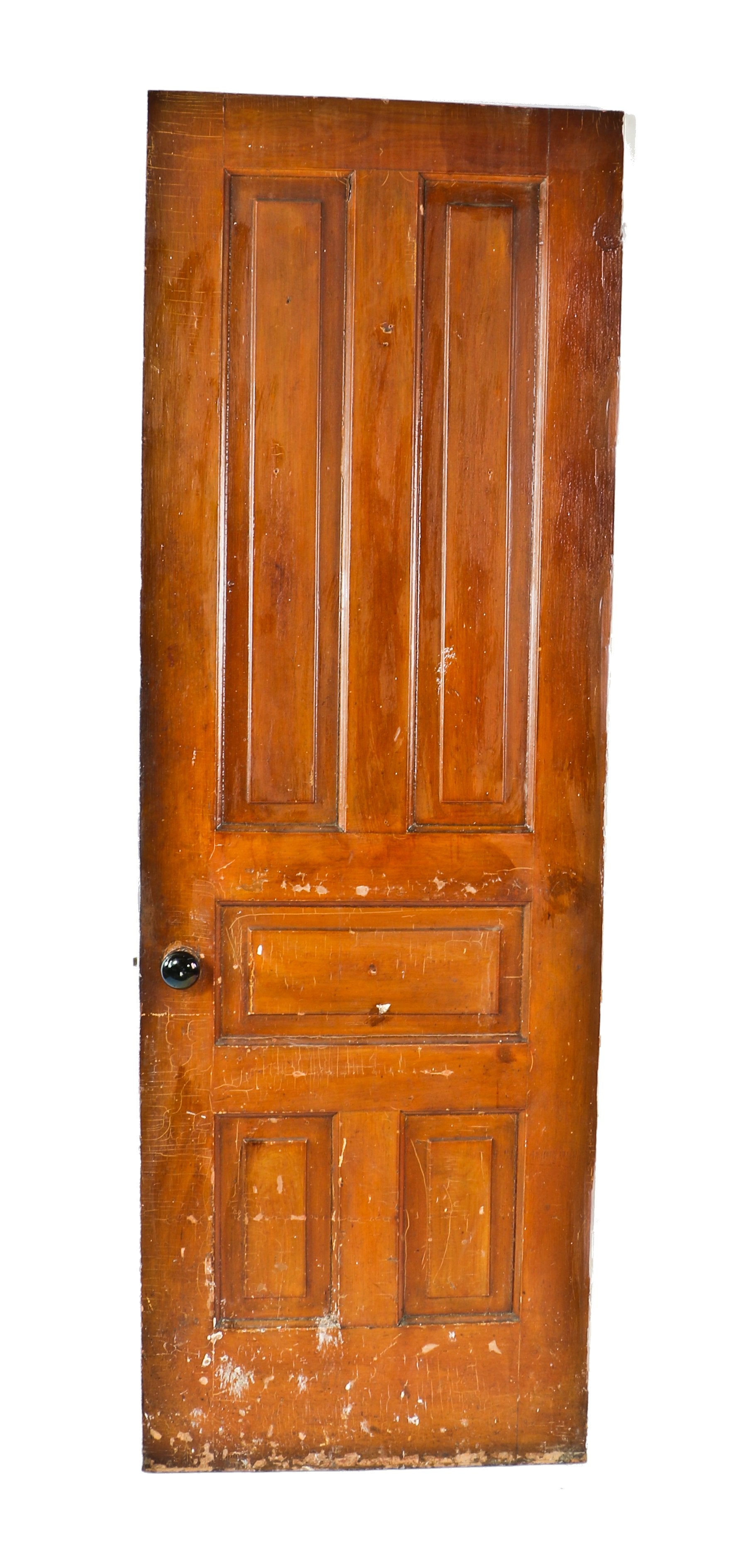 salvaged original c. 1880's interior residential raised panel pine wood varnished passage door with intact "jet black" porcelain doorknobs and ornamental cast iron rosettes