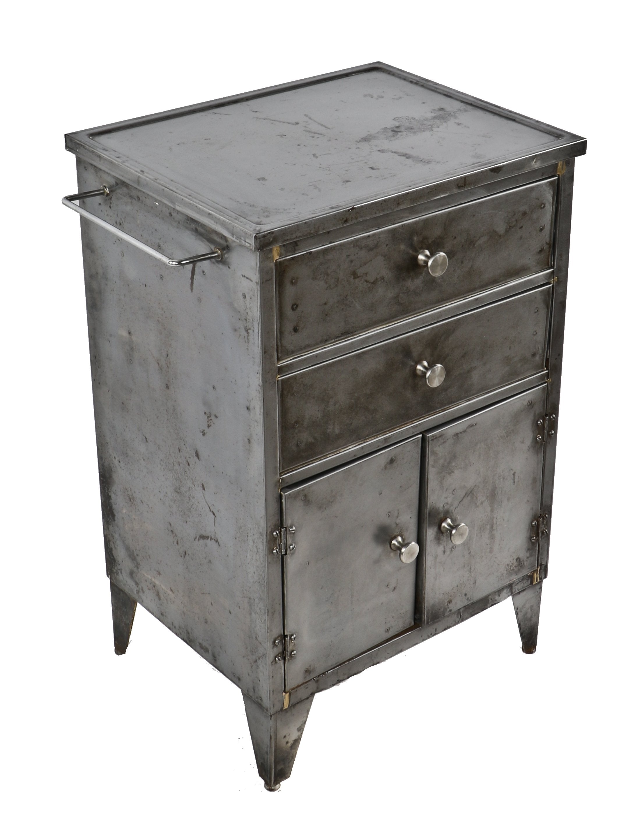 exceptional all original early 20th century clean and robust brushed metal multi-drawer cold-rolled steel american medical cabinet with drawer and hinged doors