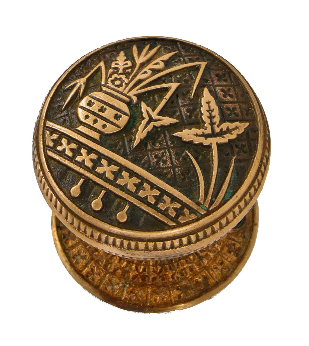 single original c. 1880's antique american interior residential cast brass "broken leaf" pattern drum-shaped doorknob with matching flush mount rosette