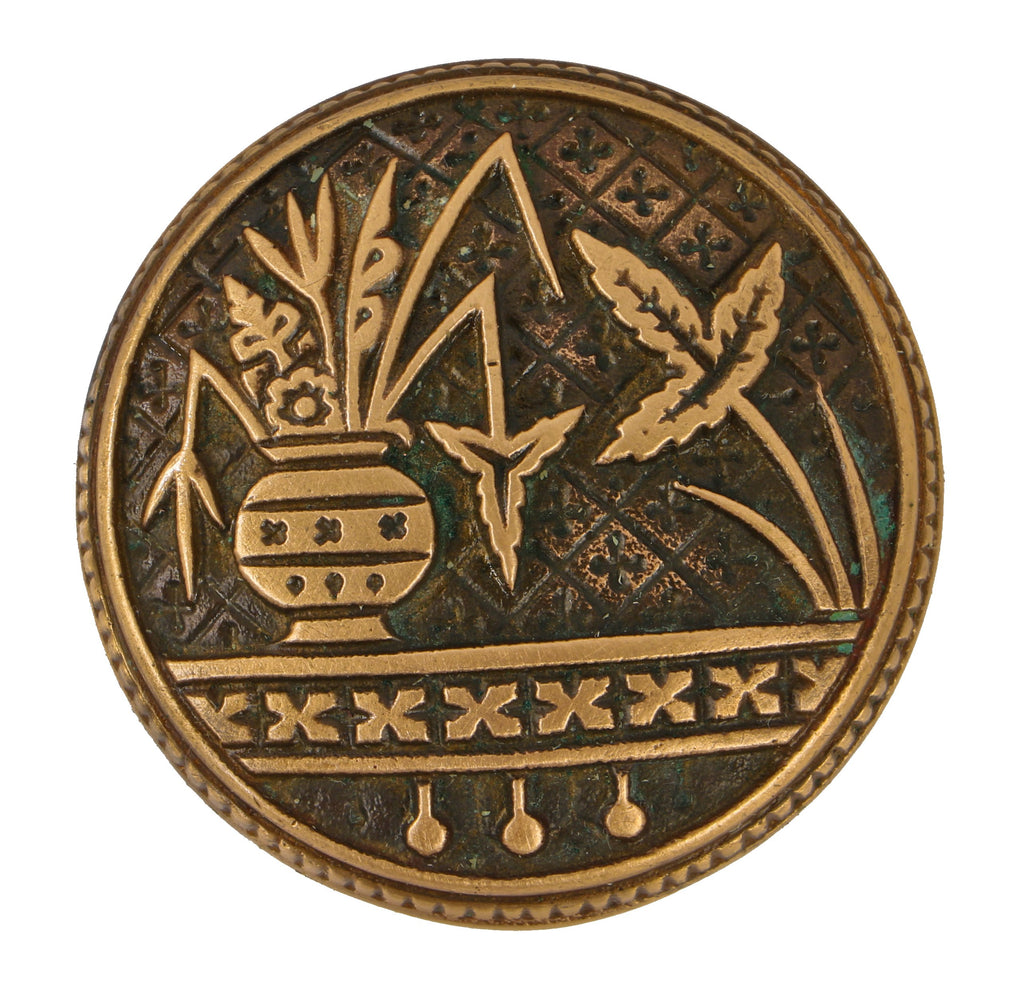 single original c. 1880's antique american interior residential cast brass "broken leaf" pattern drum-shaped doorknob with matching flush mount rosette