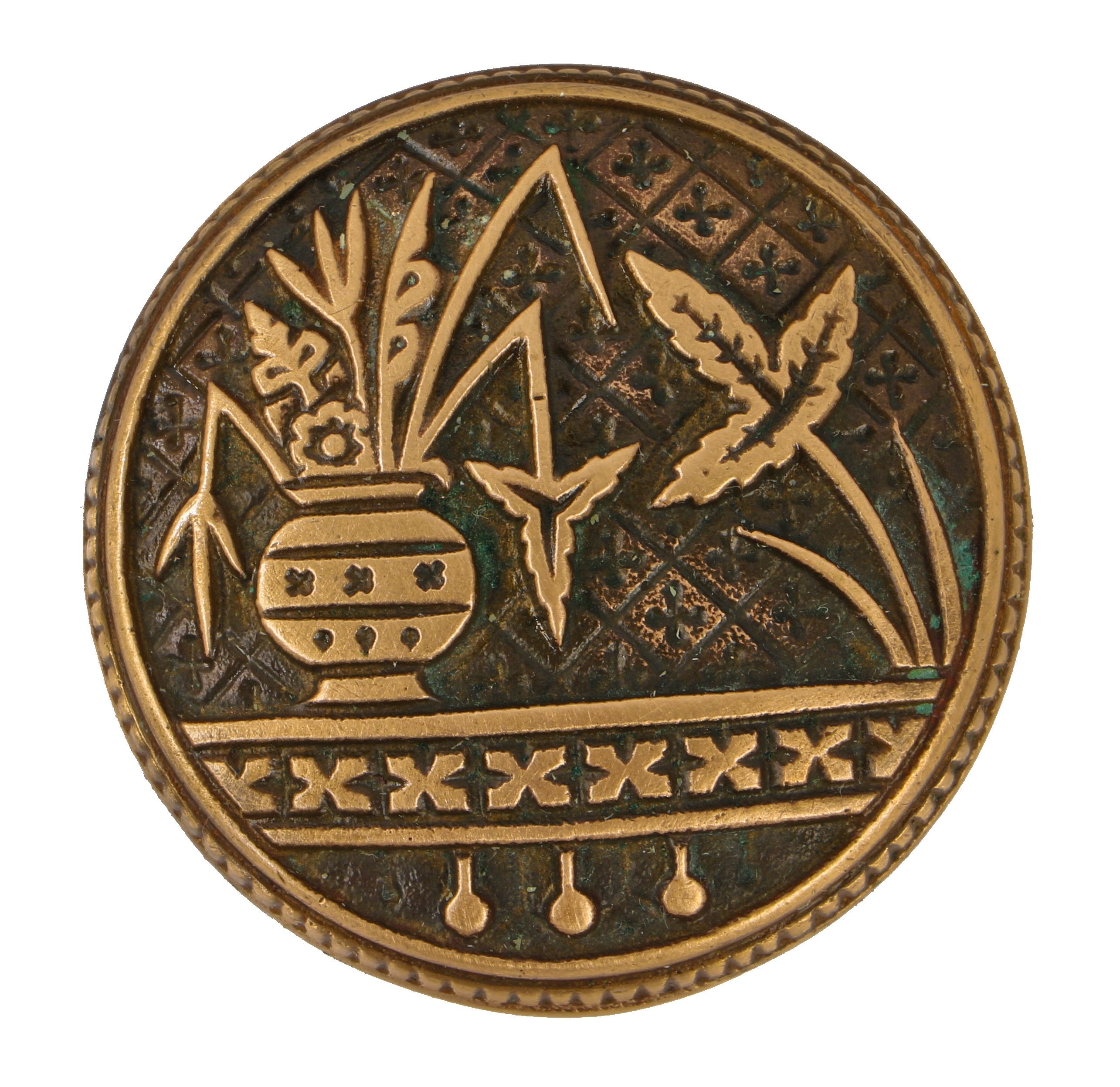 single original c. 1880's antique american interior residential cast brass "broken leaf" pattern drum-shaped doorknob with matching flush mount rosette