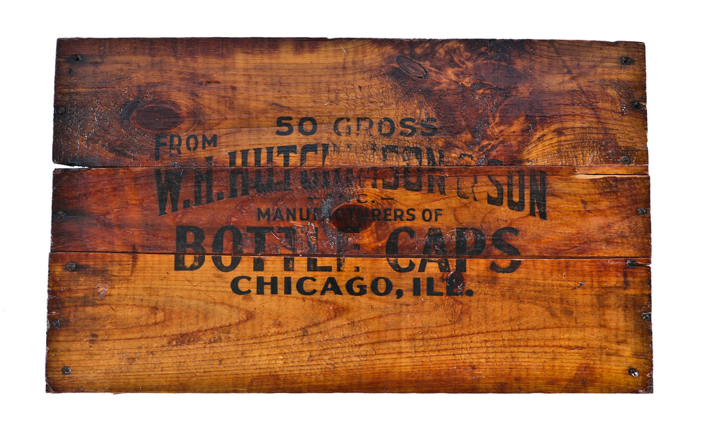 original single-sided pine wood early 20th century william hutchinson & sons bottle cap crate or carrying case panel with black enameled advertising