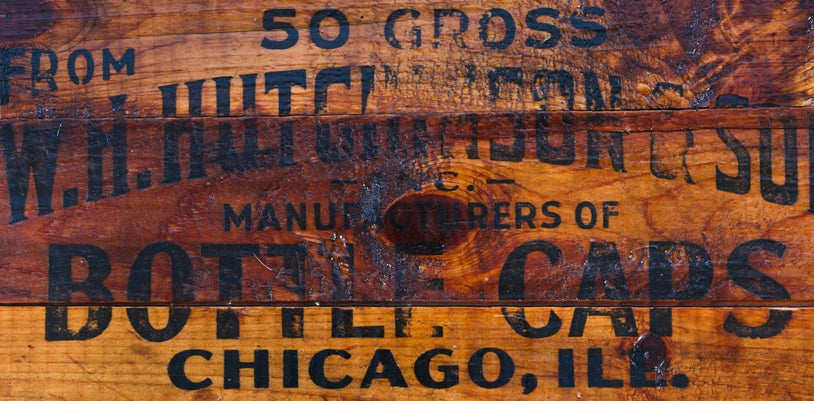 original single-sided pine wood early 20th century william hutchinson & sons bottle cap crate or carrying case panel with black enameled advertising