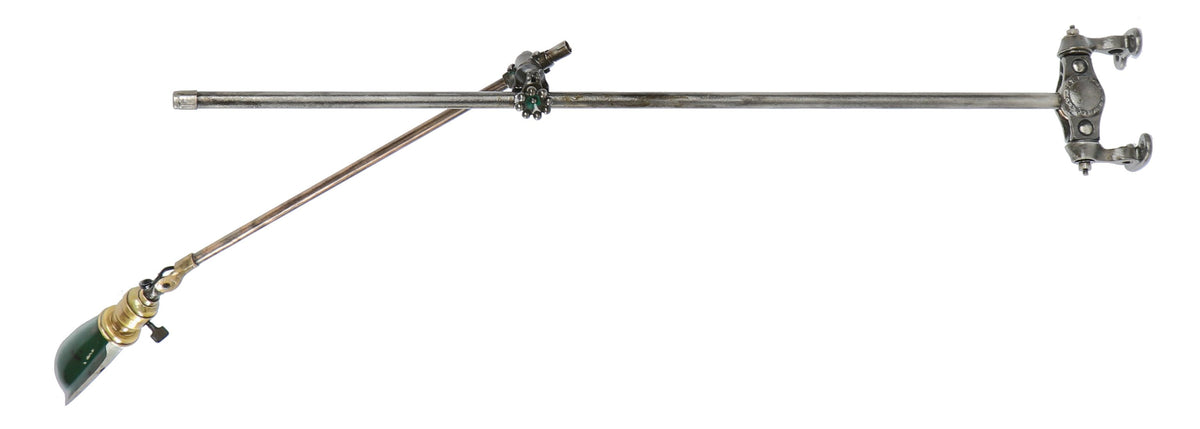 one of two nearly identical early 20th century antique american industrial o.c. white fully adjustable wall-mounted double-arm articulating light fixtures with hubbell shade