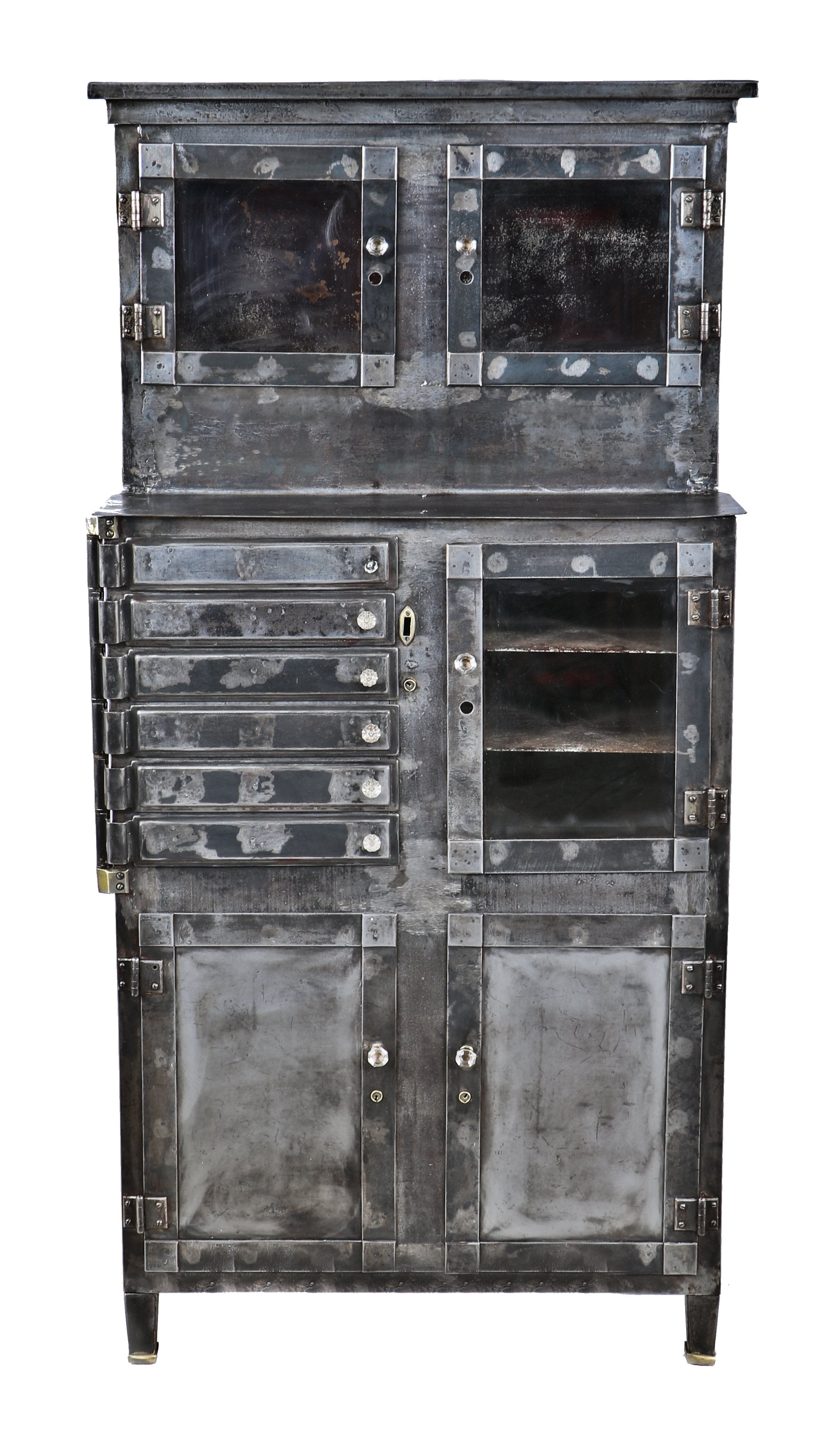 remarkable all original and solidly built early 20th century heavy gauge cold-rolled steel and iron freestanding hospital operating room american medical storage cabinet with brushed metal finish