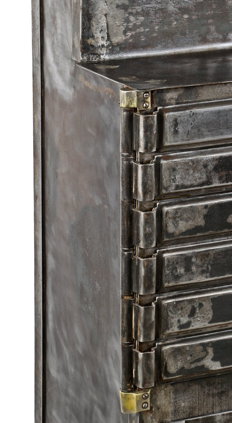 remarkable all original and solidly built early 20th century heavy gauge cold-rolled steel and iron freestanding hospital operating room american medical storage cabinet with brushed metal finish