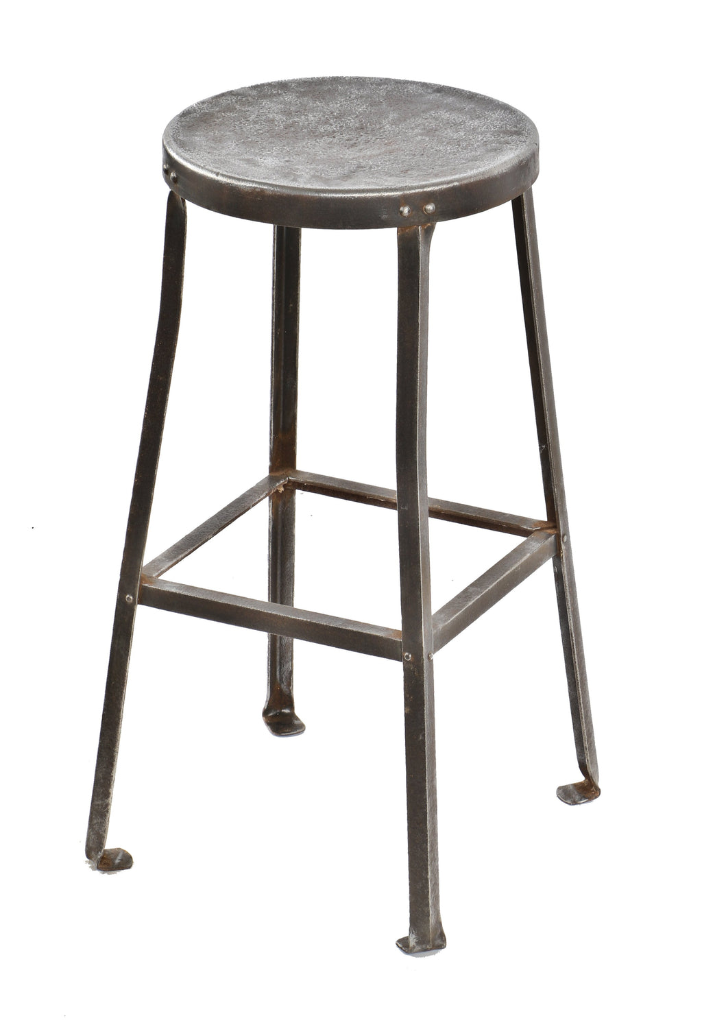 structurally sound and heavily reinforced late 1920's american antique industrial riveted-joint heavy gauge angled steel four-legged elevator machine room stool with brushed metal finish