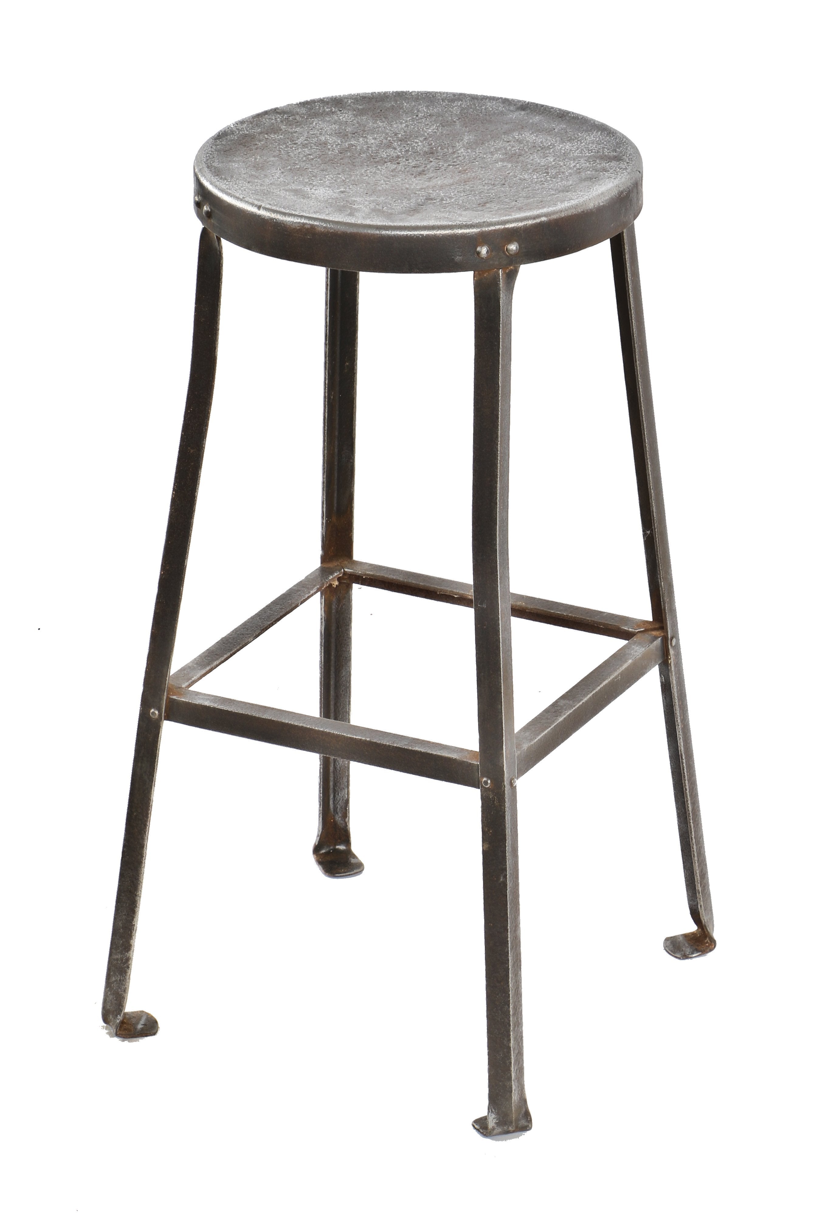 structurally sound and heavily reinforced late 1920's american antique industrial riveted-joint heavy gauge angled steel four-legged elevator machine room stool with brushed metal finish
