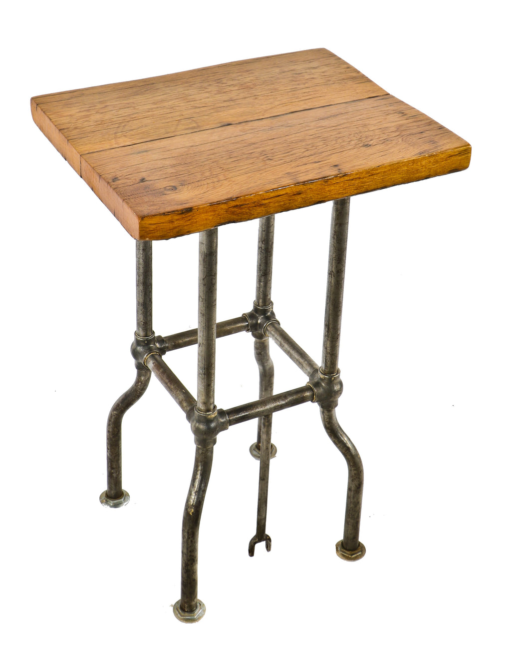 repurposed industrial four-legged durable c. 1900's machine base comprised of tubular metal pipes with bulbous fittings and newly added hardwood maple top
