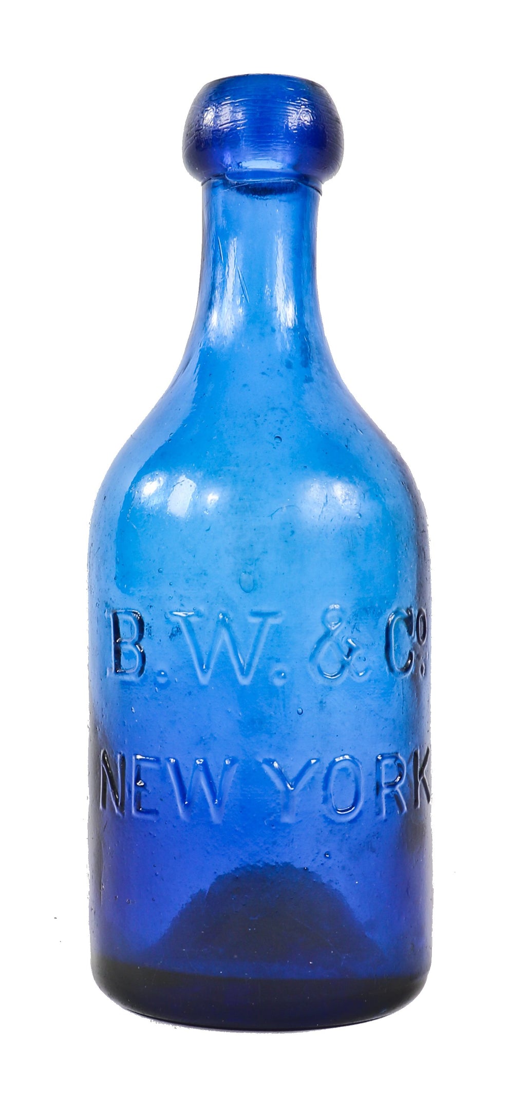 original intact privy dug mid-nineteenth century iron pontiled dark "electric blue" soda or mineral water bottle manufactured for burroughs wellcome & co., new york city, ny.